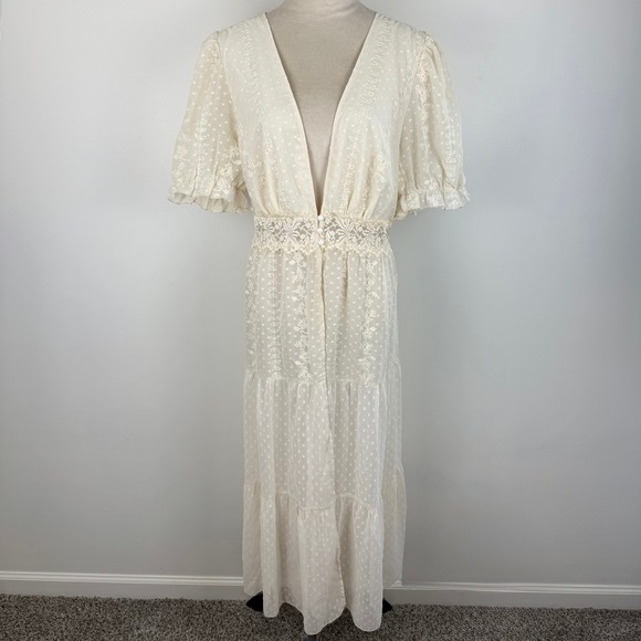 SHEIN Sweaters - Cream Swiss Dot Floral Embroidered Lace Maxi Duster Kimono Cover Up Size 2XL
